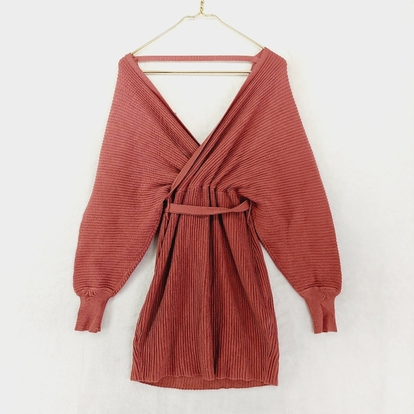 Immodel Burgundy Long Sleeve Surplice Neck Belted Wrap Sweater 78 - Picture 5 of 9